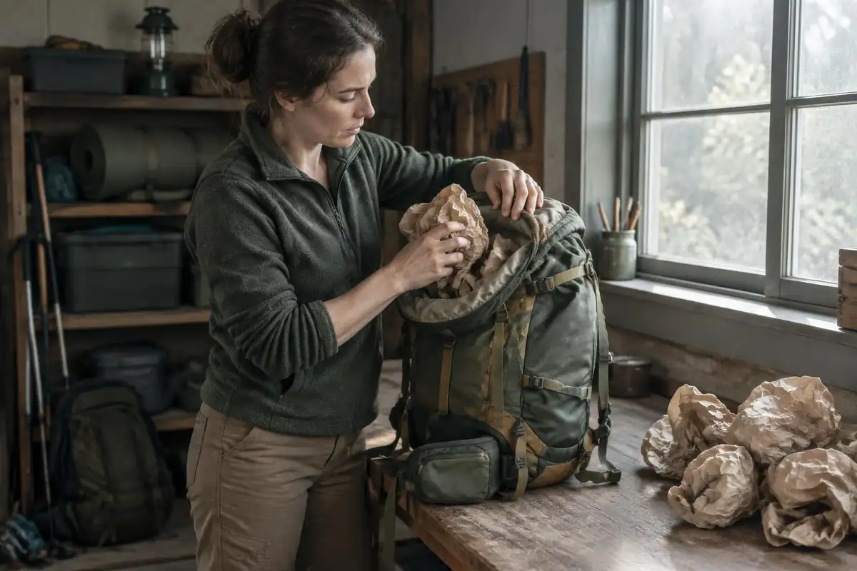 Hiker stuffing crumpled paper inside a pack to keep its shape