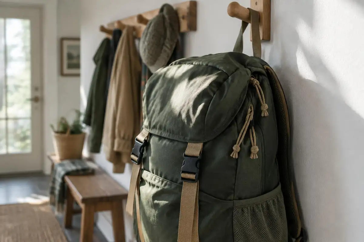 Dry pack hanging from a hook in a cool airy hallway
