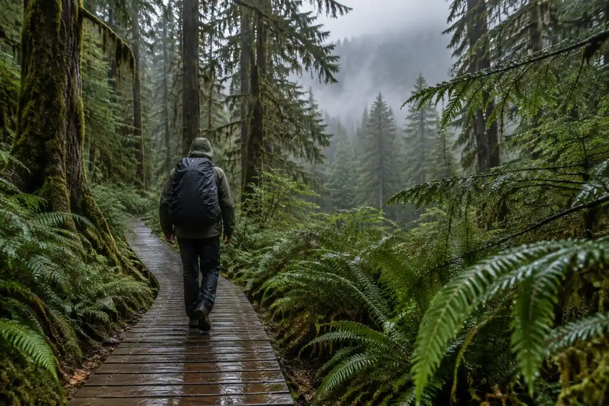 Hiker in rain shell under a wet canopy of hemlocks