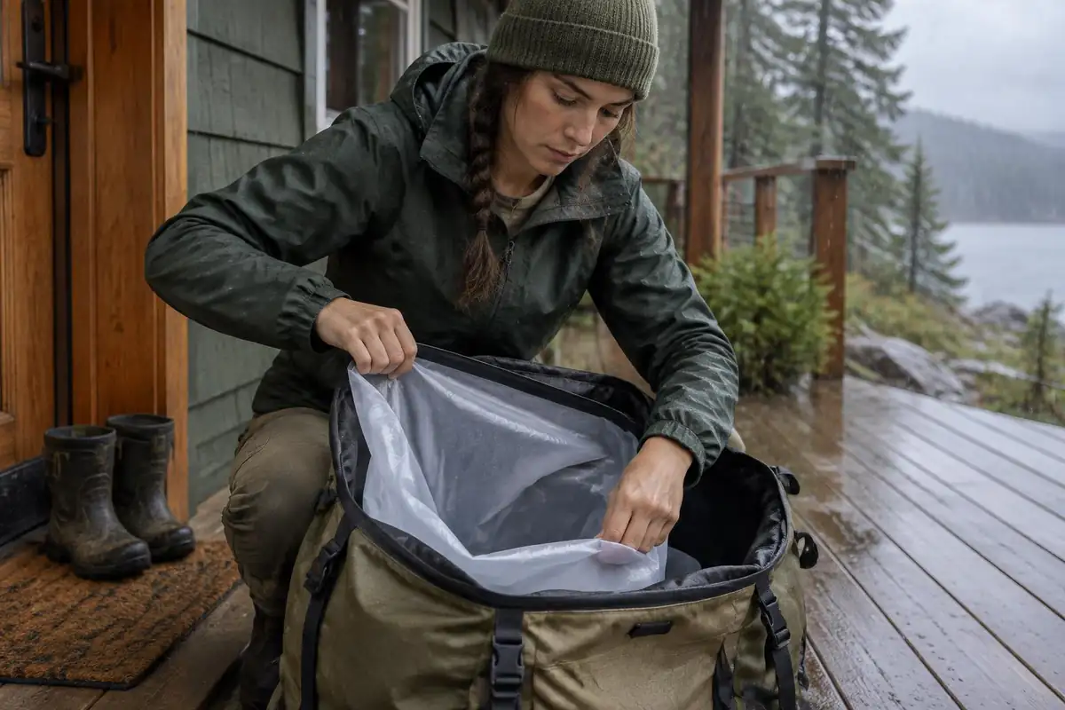 Woman lining a pack with a large roll-top bag before a wet forecast