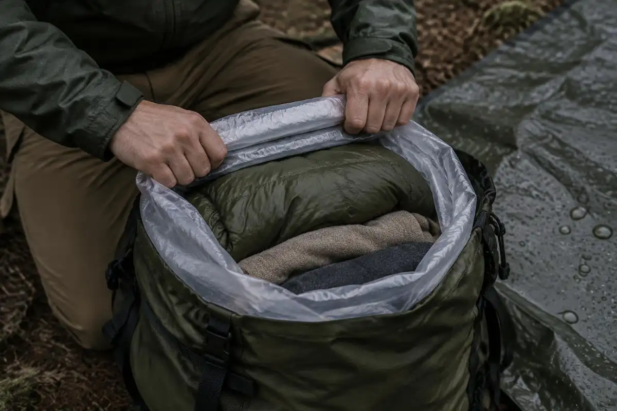 Hands rolling down a liner top three times over clothes and sleeping bag