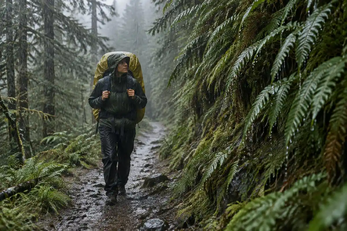 Hiker in a rainforest downpour with a pack cover and hood