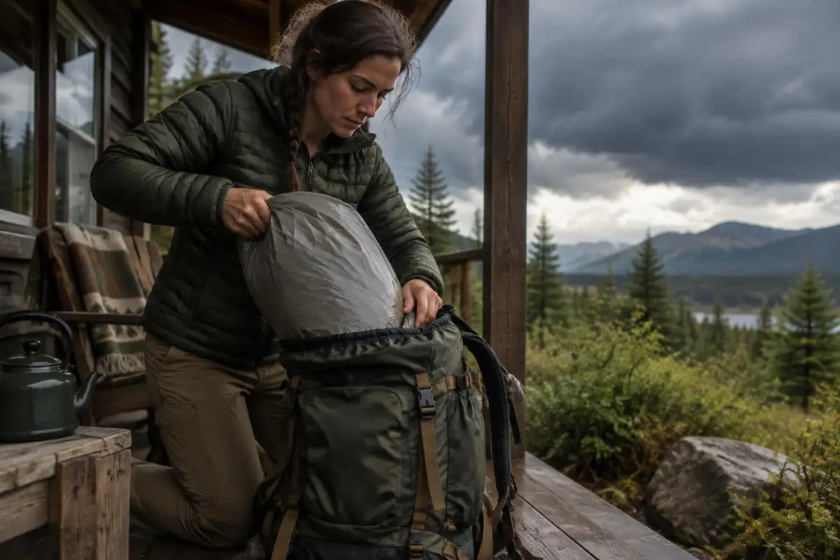 Woman stuffing a liner into the pack before rain starts