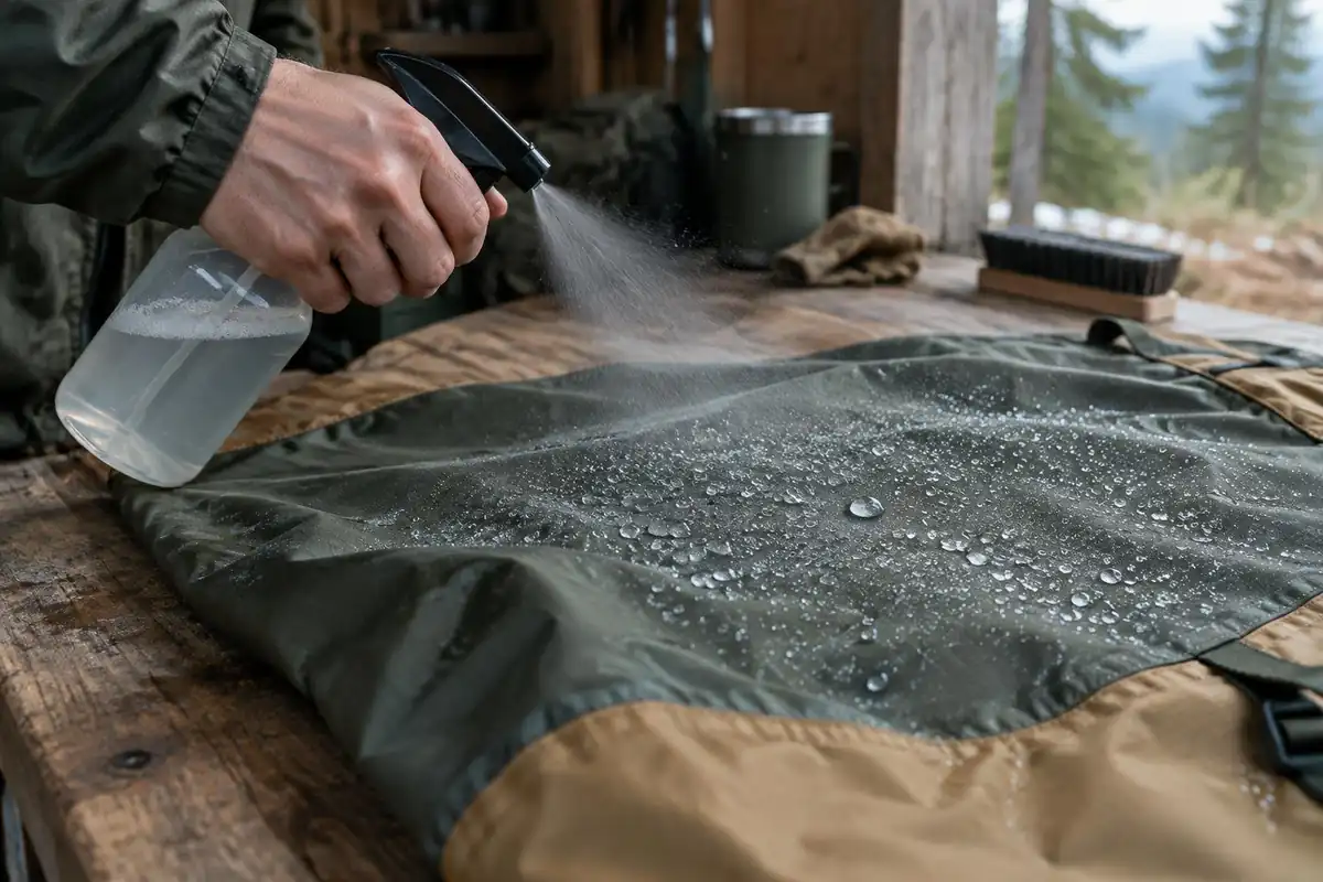 Water beading on pack fabric being sprayed with a proofing spray
