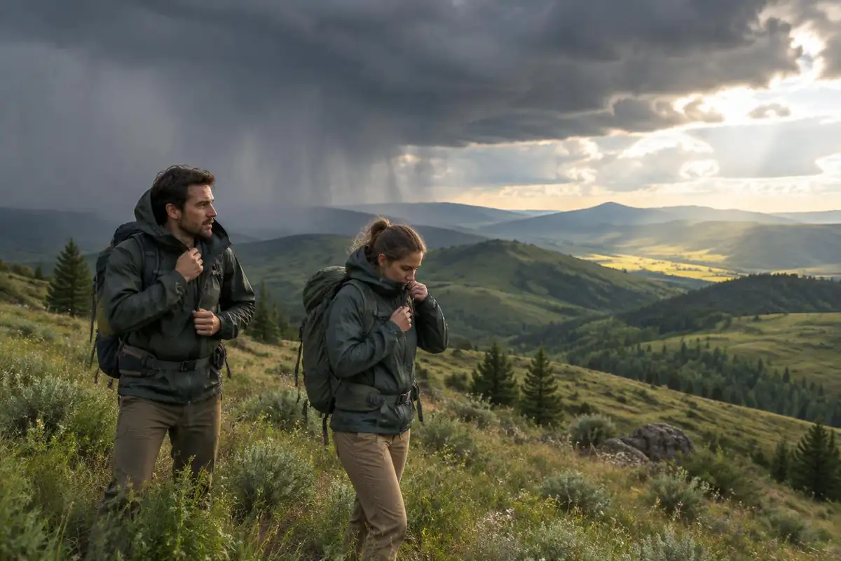 Hikers pulling on rain shells as a shower crosses a green hillside