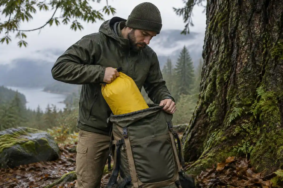 Man stuffing a waterproof liner bag inside his pack before rain