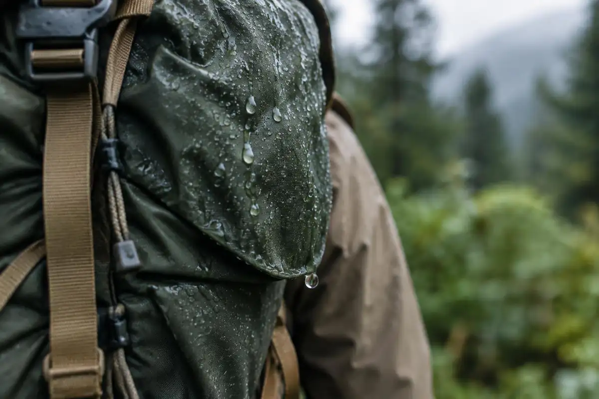 Water beading on a pack fabric with a droplet running down