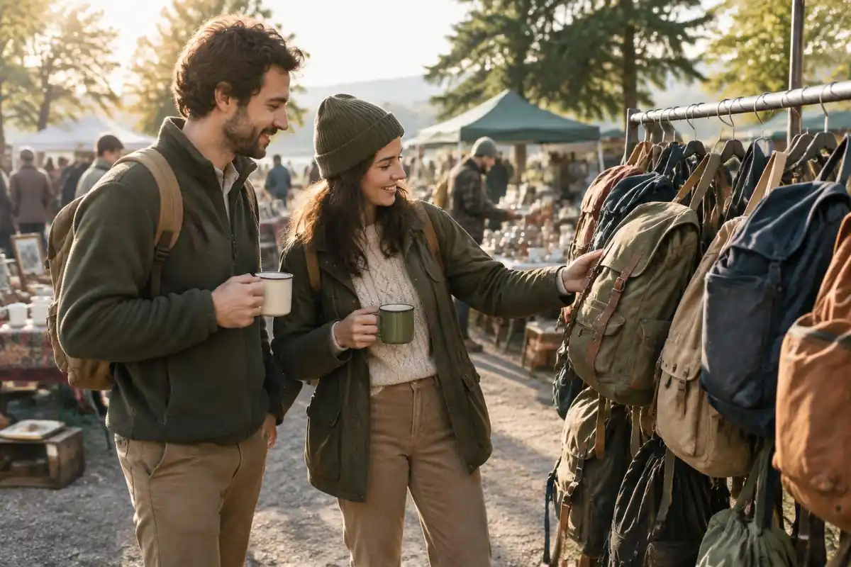 Budget-conscious hikers at a weekend flea market with second-hand packs