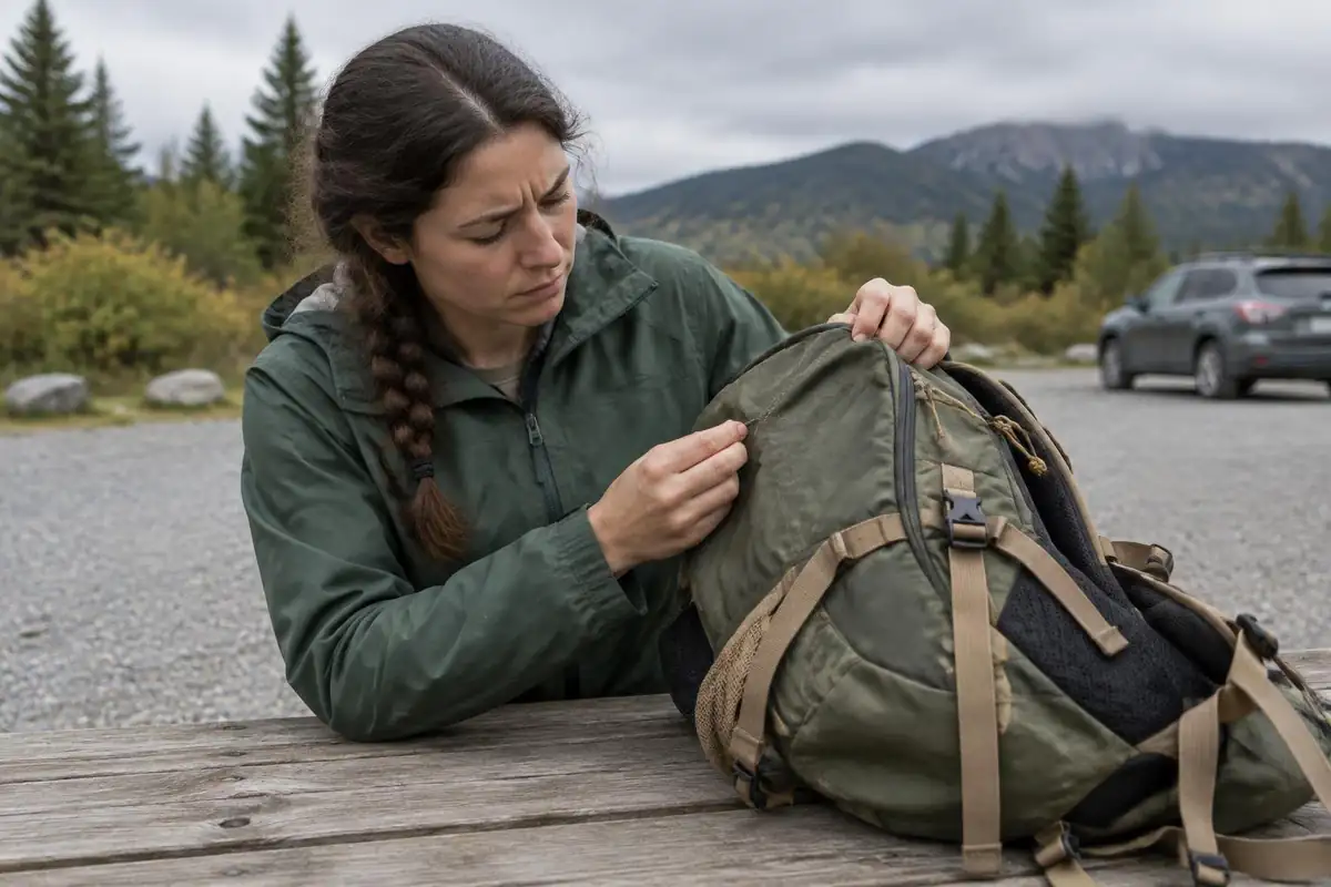 Hiker tapping a pack hip belt buckle test at a picnic table