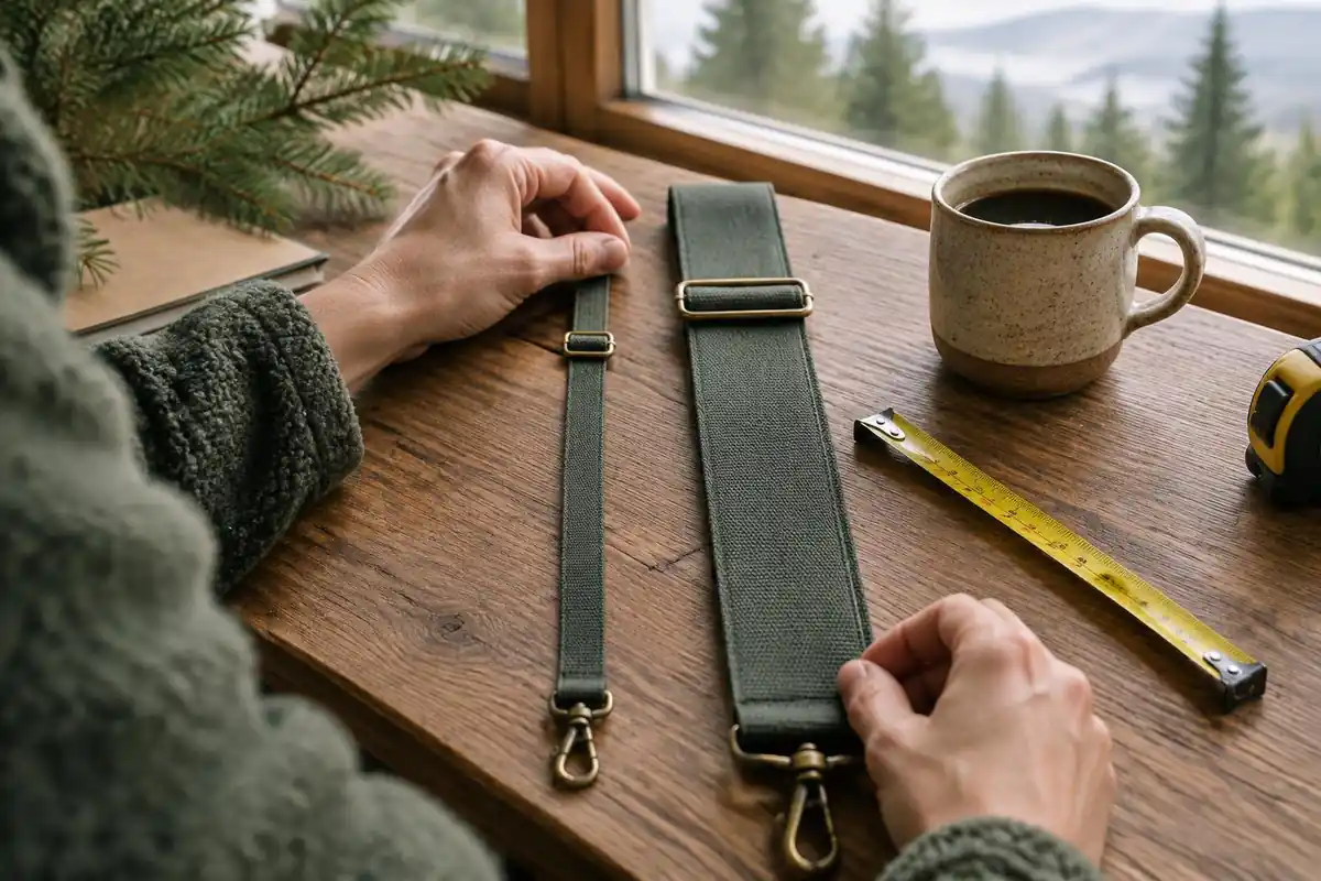 Close look at thin shoulder strap padding beside a thicker strap