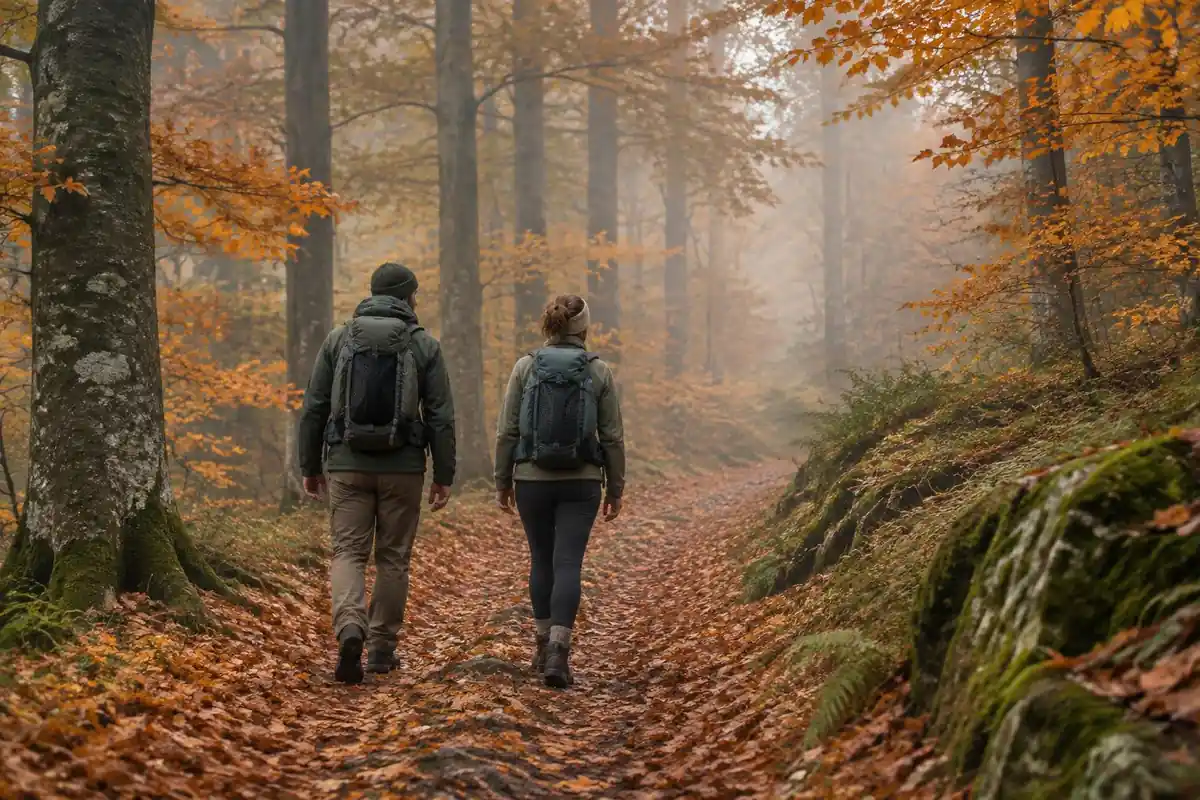 European style hiking scene with walkers on a forest lane in autumn