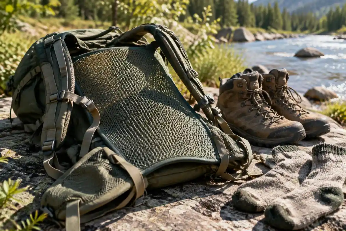 Mesh tensioned back panel arc on a pack laid beside boots and socks