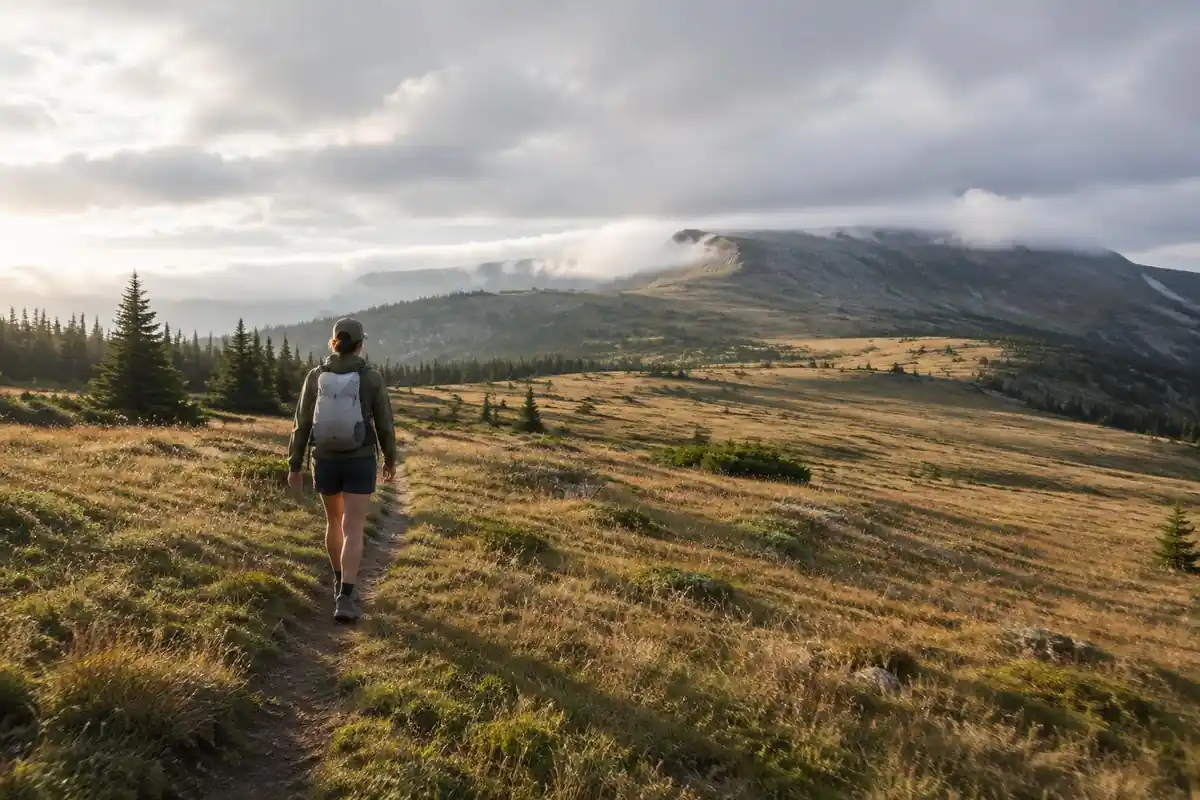 Ultralight thru-hiker striding a long open trail with a tiny pack