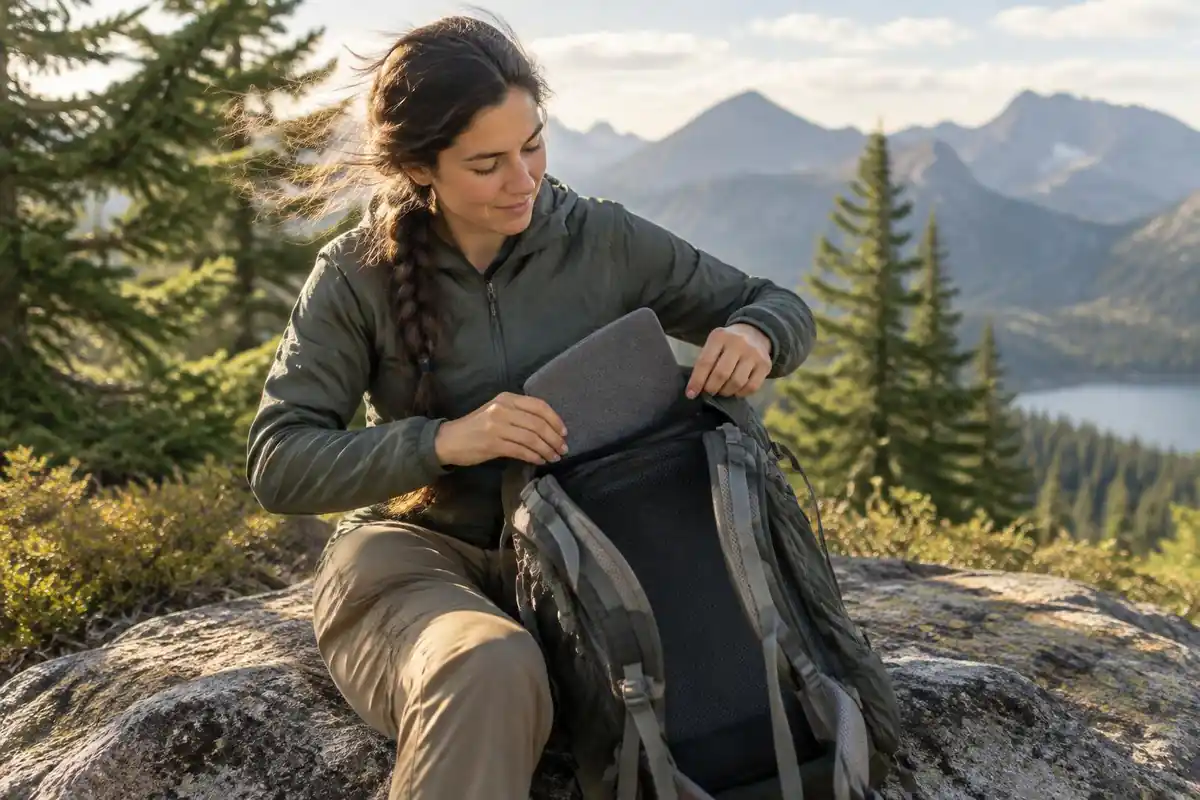 Hiker adjusting a removable foam back pad on a rock