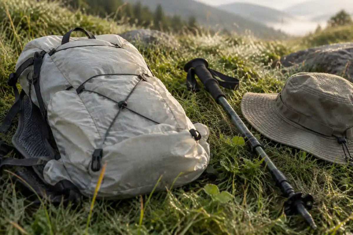 Minimal light pack with a single thin frame beside a trekking pole on grass