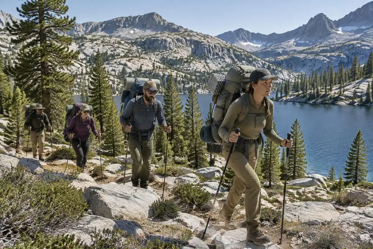 Rugged backpackers on a rocky lake basin trail carrying big stable loads