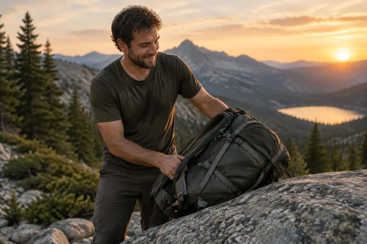 Man setting a heavy pack down on a boulder after a long day
