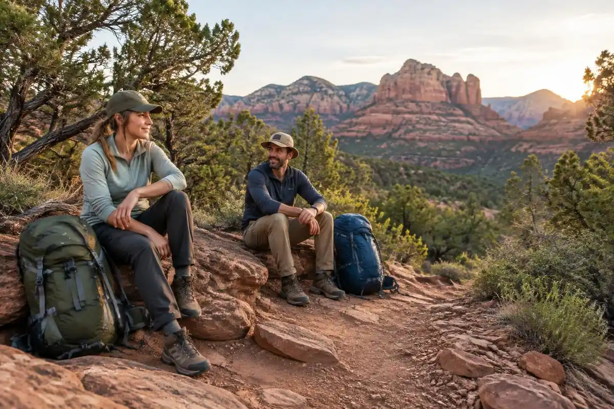 Hikers taking a breather beside heavy packs on a rocky trail in warm light