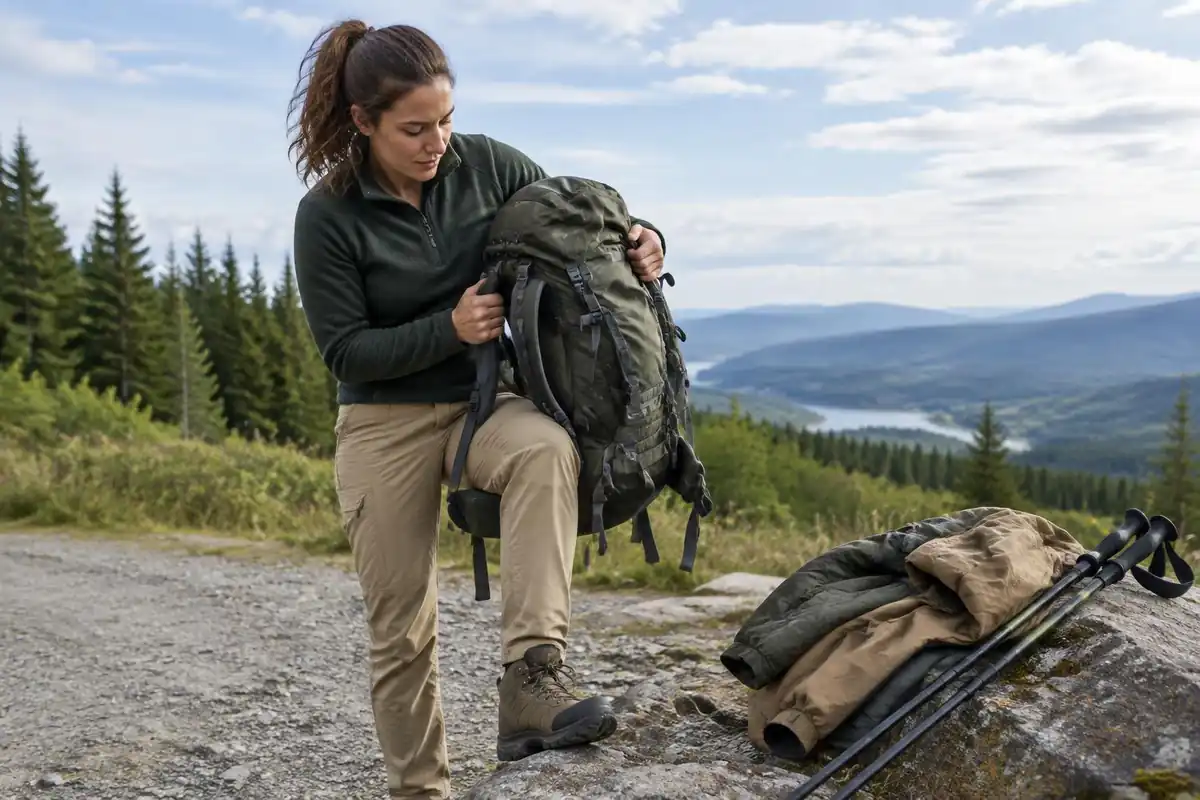 Woman hoisting a heavy pack up onto one knee at a rocky lay-by