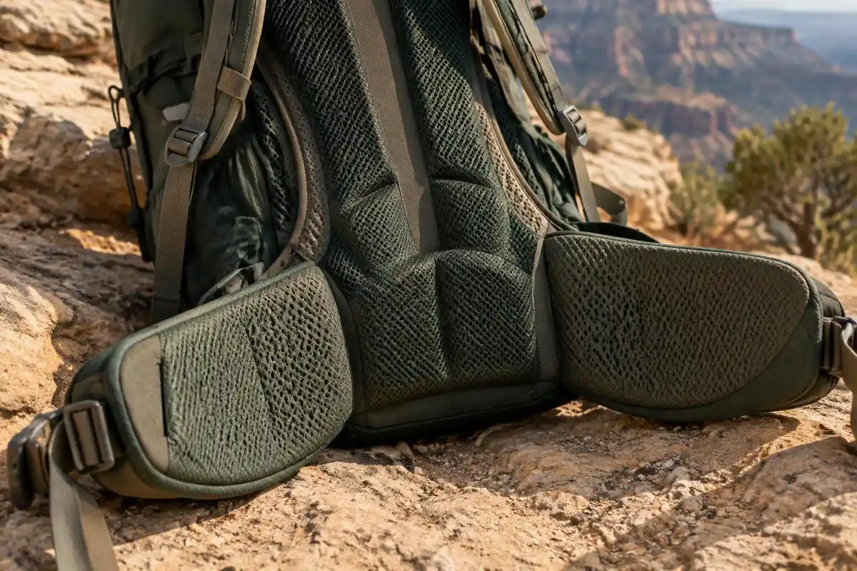 Padded back panel and hip belt wings of a pack lying flat on a sandy ledge
