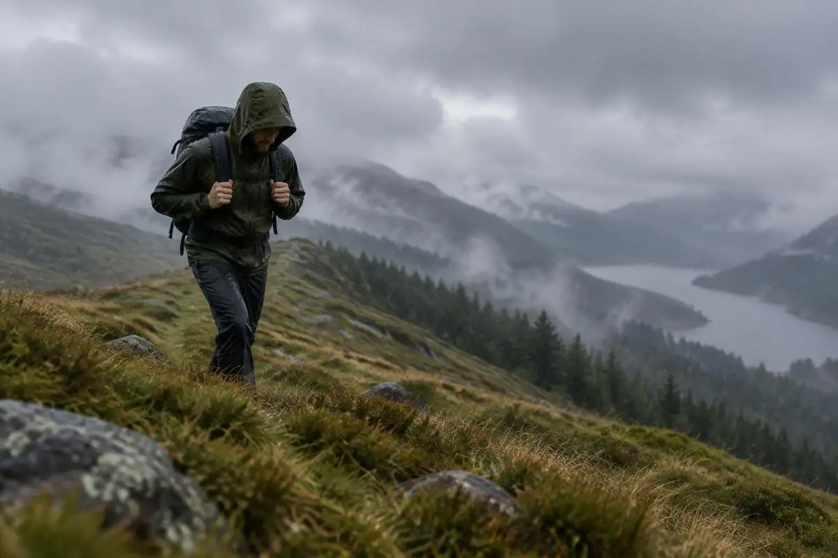 Hiker in heavy rain walking a misty ridge with a wet pack