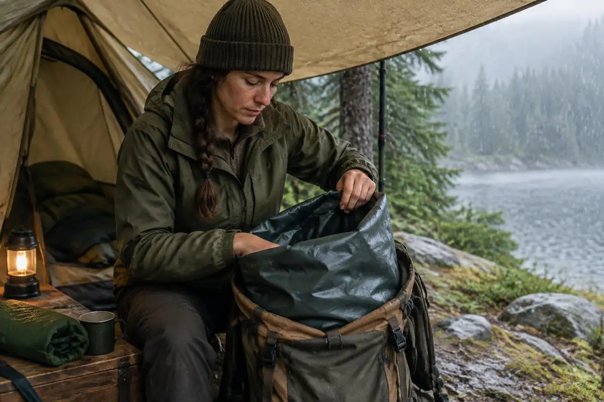 Woman lining a pack with a large bag in a tent porch