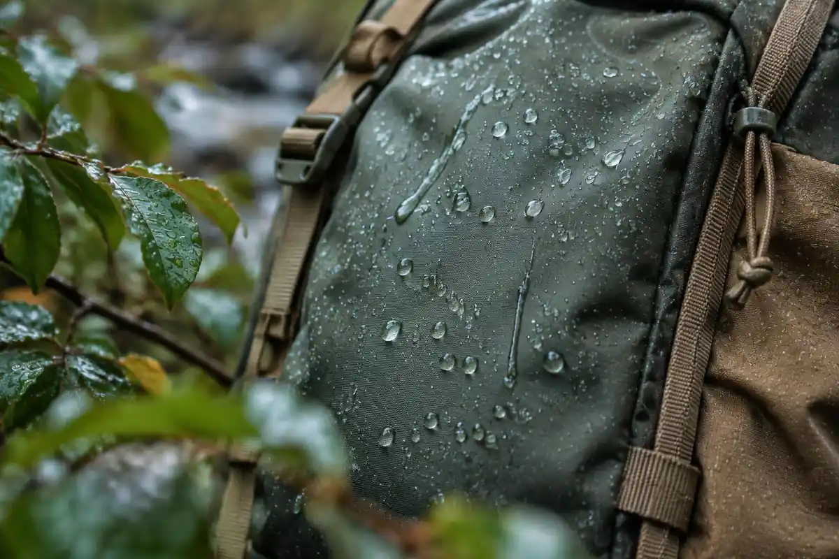 Water drops beading and rolling off a smooth pack panel in rain