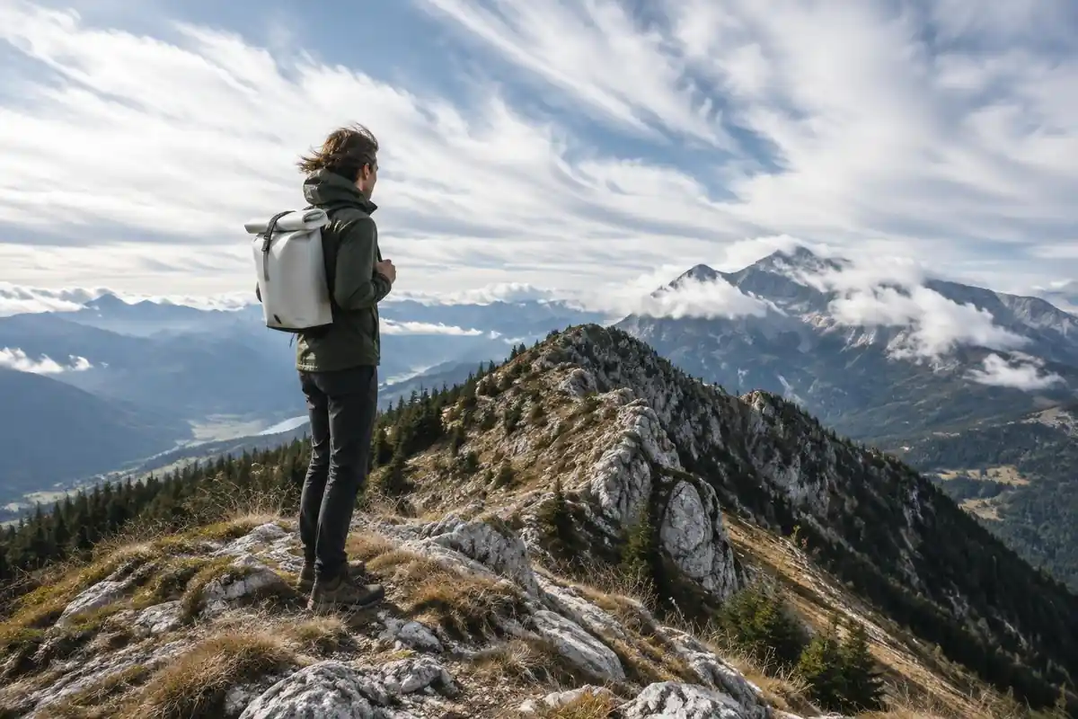 Lean hiker on a windy ridgeline in pale white rock with a minimalist pack
