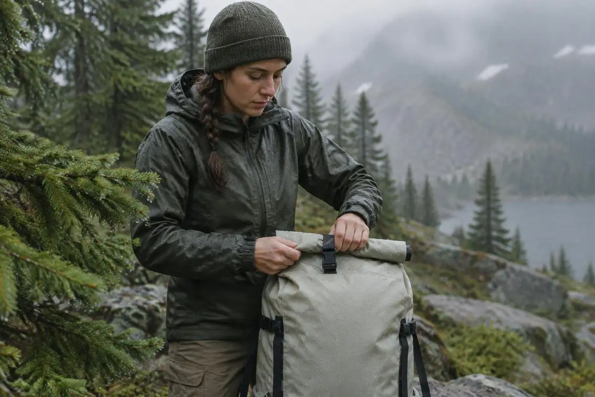 Woman folding the top of a roll-top pack closed in light rain