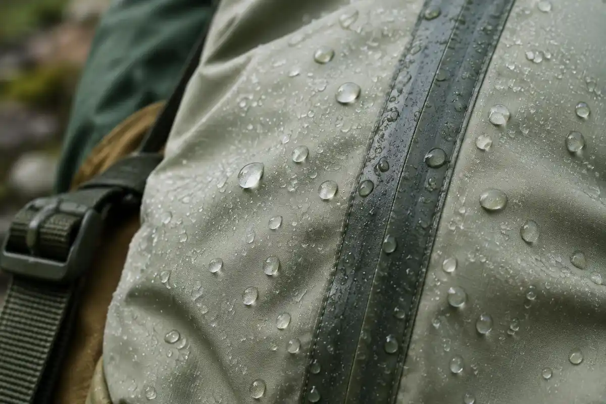 Water beading on smooth waterproof pack fabric with stitched seams