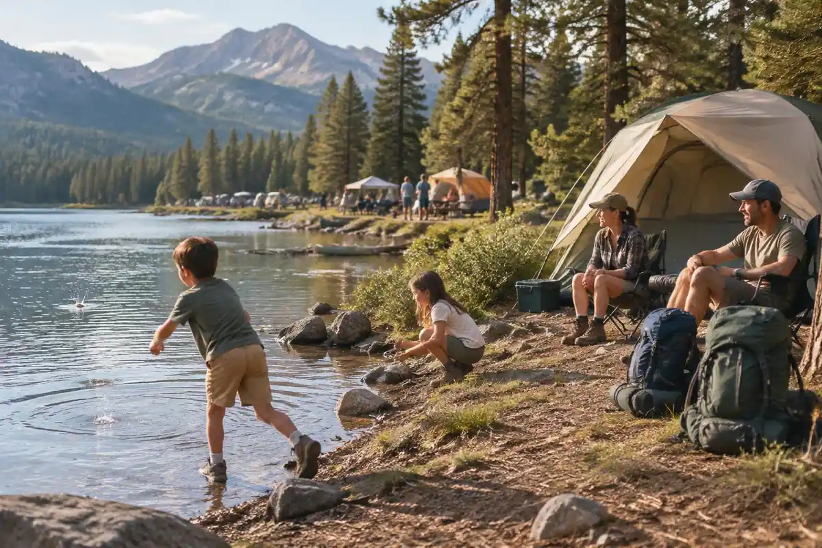 Family campground scene with older-style budget packs and canvas tents