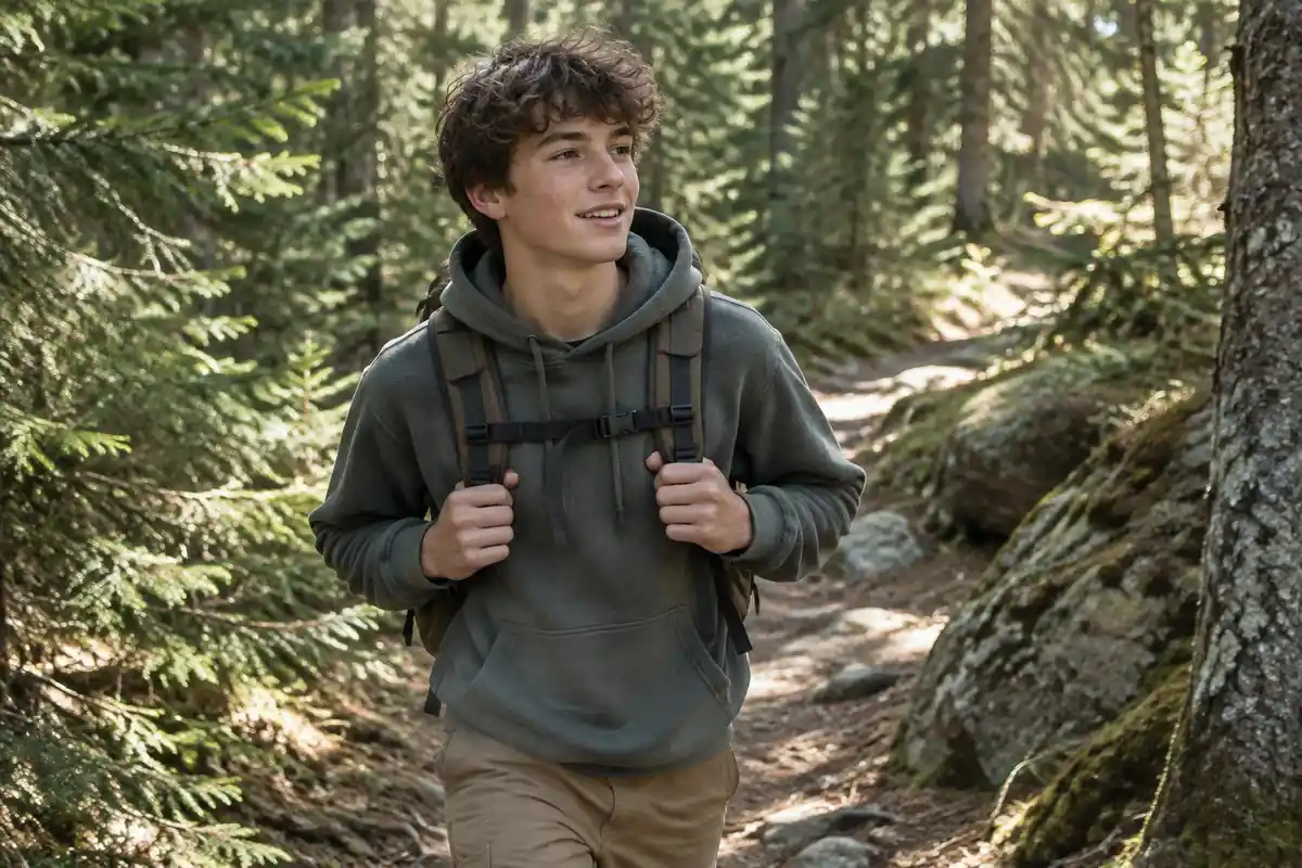 Teenager hiking a short trail with an entry-level pack and headphones off