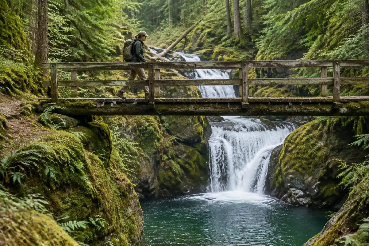 Hiker on a long trail day with a well-worn mid-size pack and lifetime-look patina