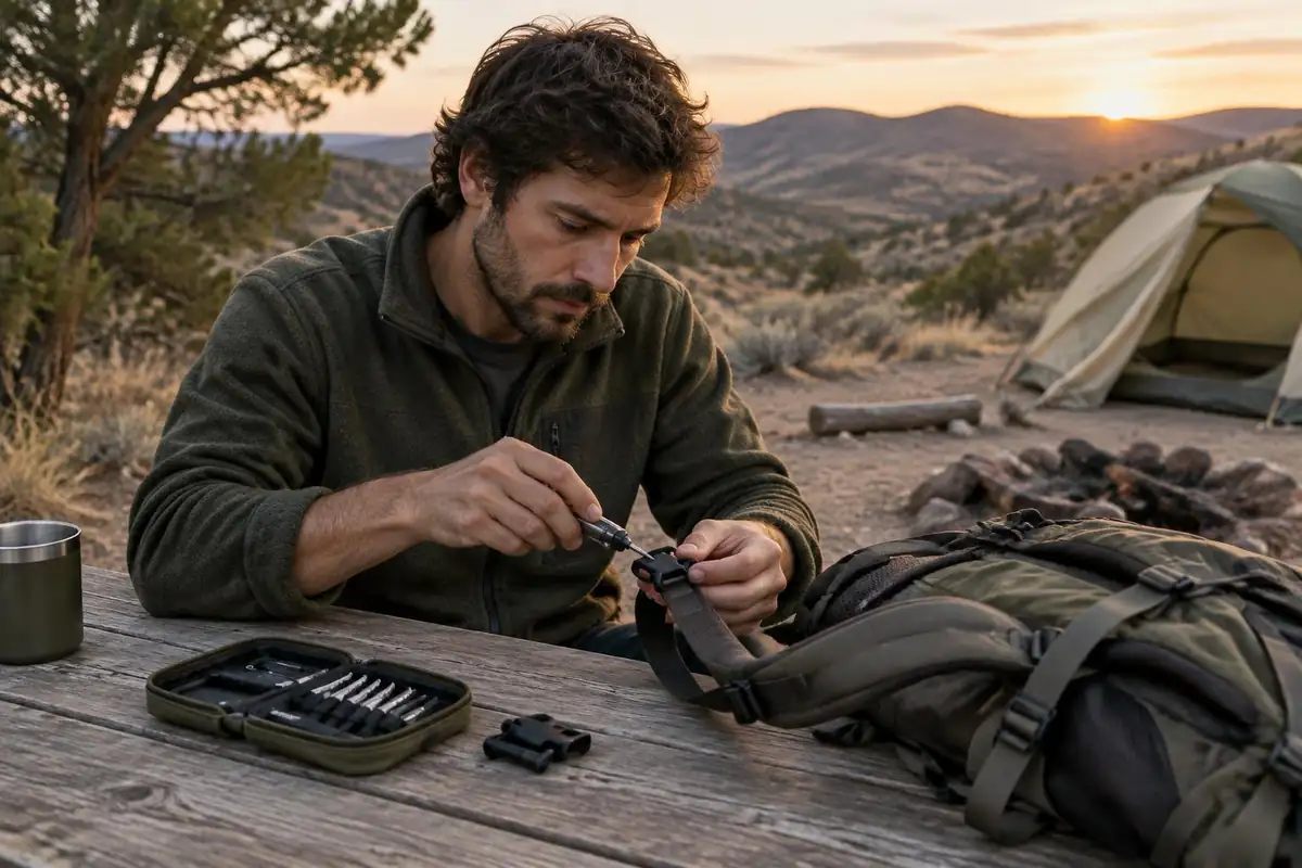 Man repairing a strap buckle with a small pack tool at a picnic bench