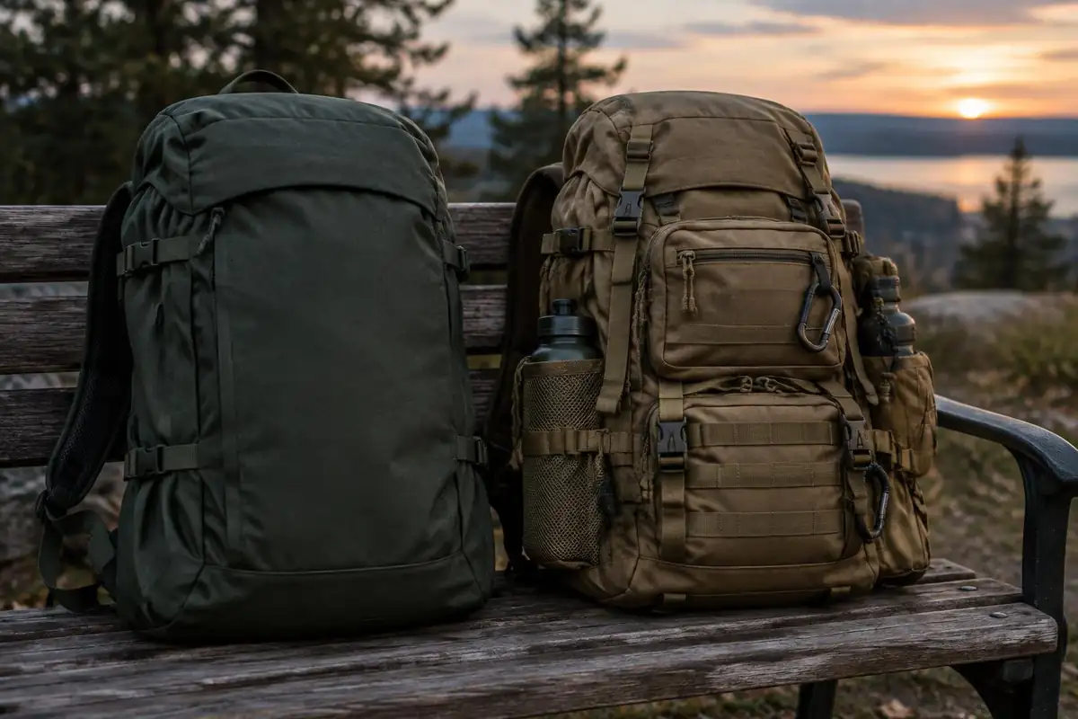 Two backpacks on a bench, one plain and one full of pockets, side-by-side