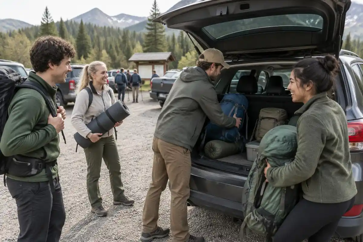 Beginner group in a car park loading affordable packs for a first overnight