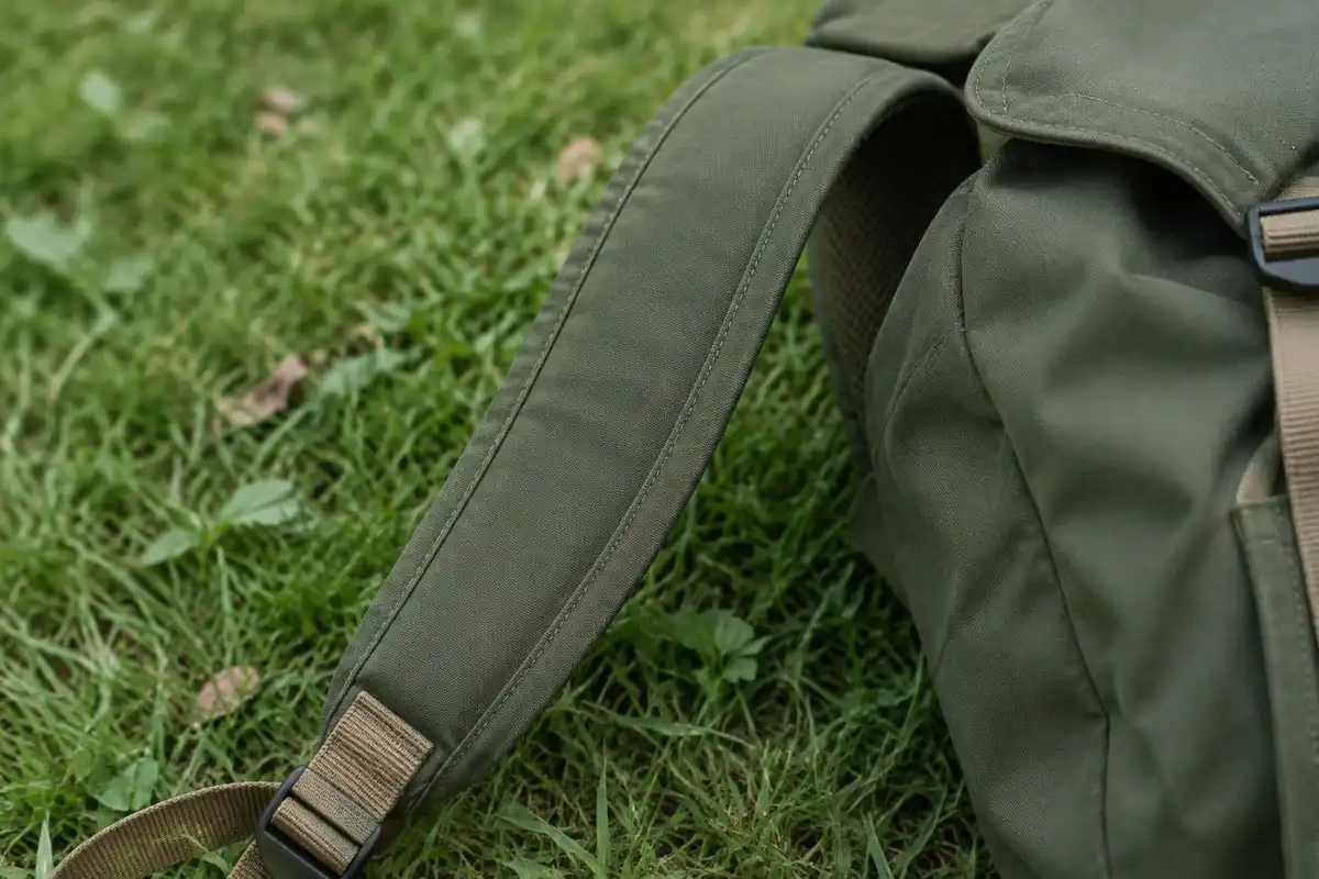 Simple padded shoulder strap and basic stitching on an entry-level pack