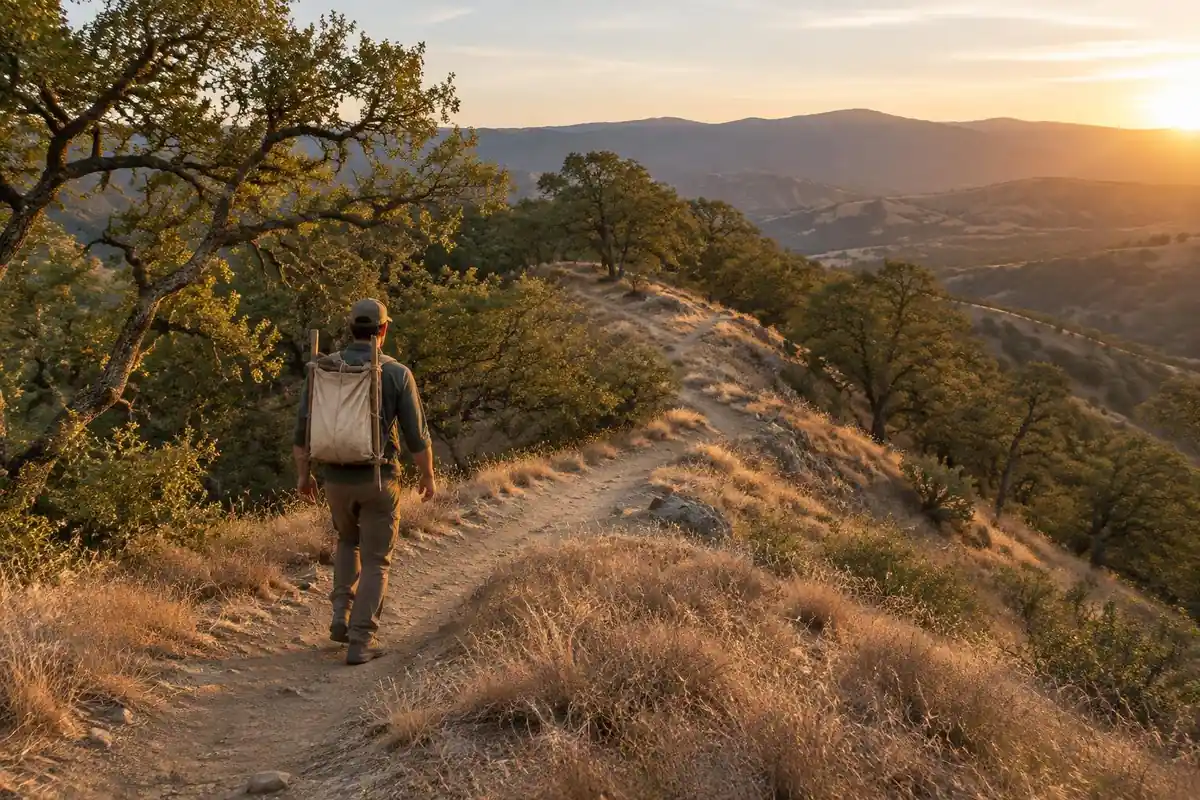 Long-distance trekker with a simple cottage-style pack on a dusty ridge