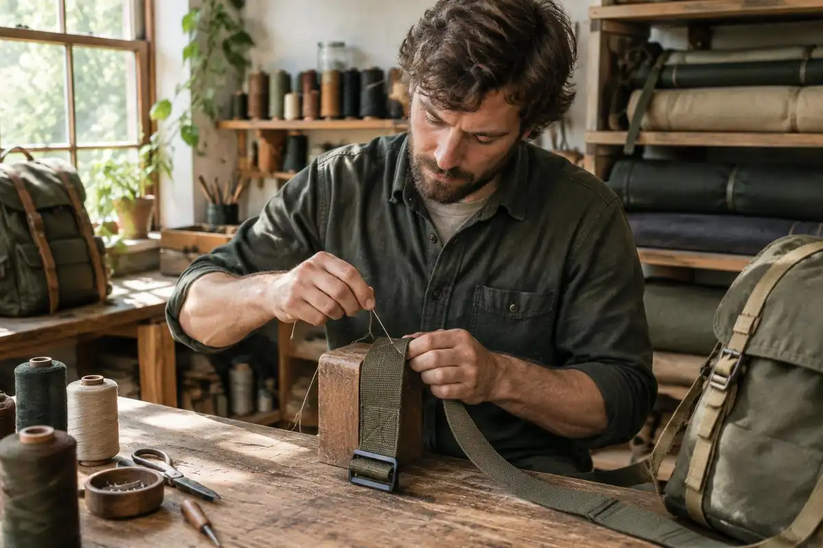 Man cutting a piece of thread and stitching a strap at a workbench