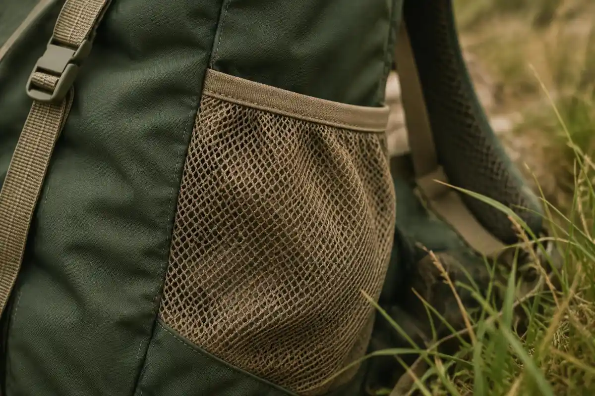 Closeup of a simple mesh pocket and sewn seam on a small pack