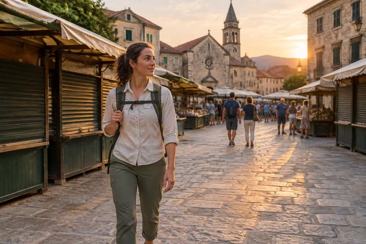 Traveler in a busy old-town market square wearing a pack on their front