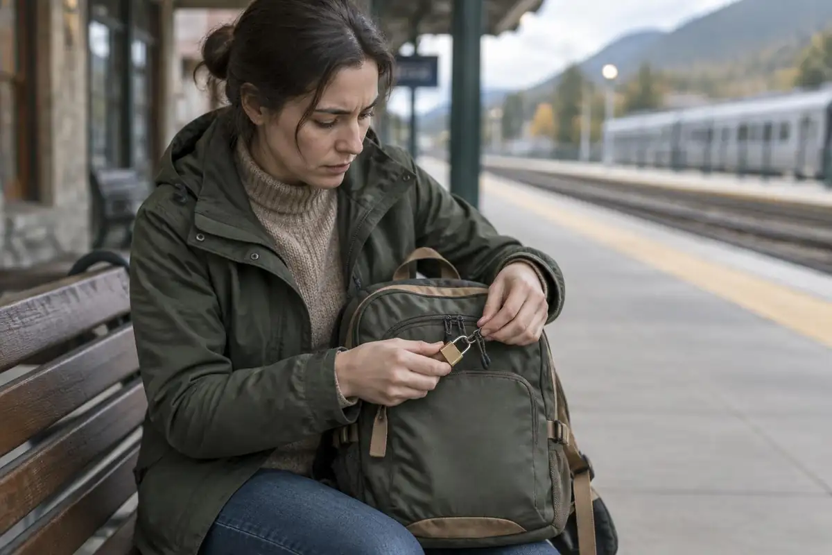 Woman locking a zipper pair with a small padlock at a train station