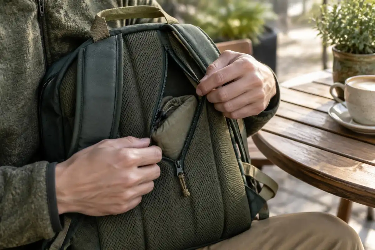 Hidden zipped back pocket held open showing a folded passport-sized wallet shape