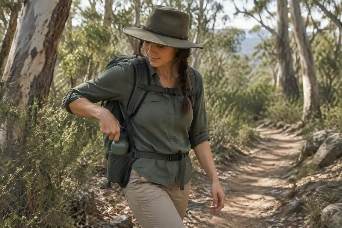 Woman pulling a water bottle from a stretch side pocket while walking