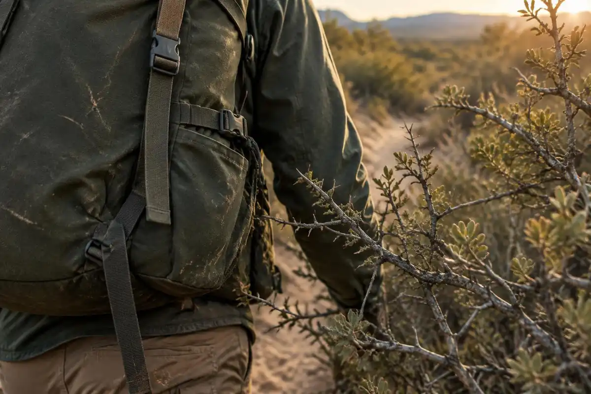 Scratched pack fabric against thorny scrub branches in warm light