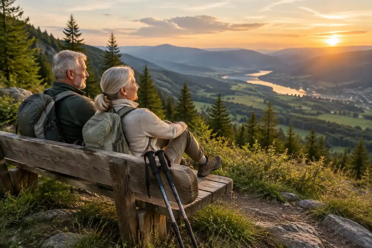 Older couple resting on a bench with light packs above a valley