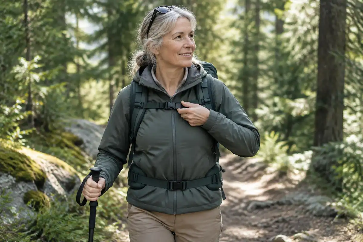 Older woman clicking a chest strap with one hand easily on a path