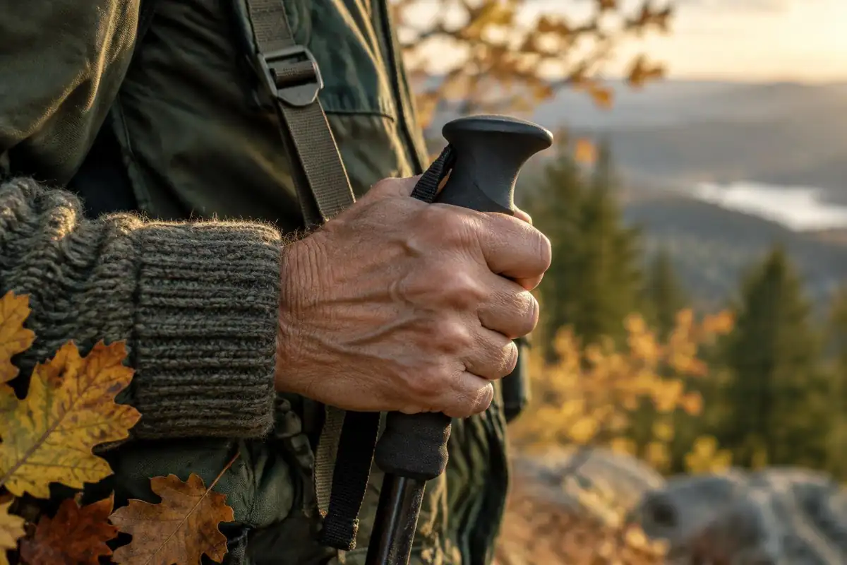 Hand holding a trekking pole grip with a light pack strap beside it