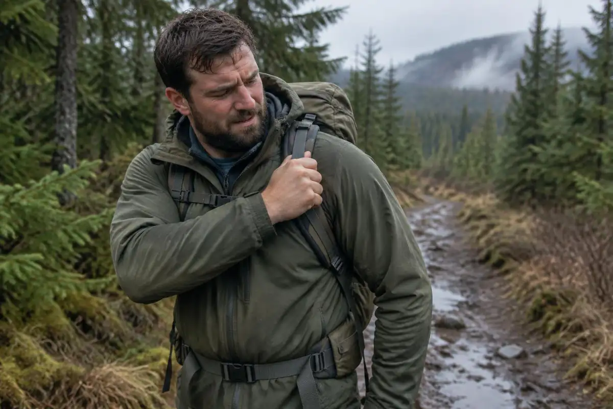 Broad-shouldered man rolling his shoulders on a trail with a pack pinching