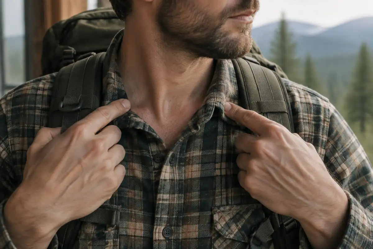 Shoulder strap spacing checked with fingers on a hiker's collar area